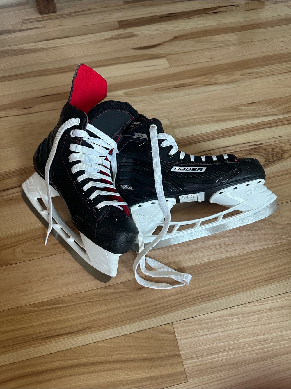 Worn Twice! Bauer Black and Red Youth Ice Hockey Skates with White Blades